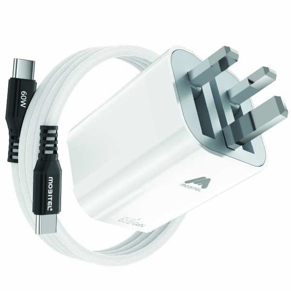 Mobitel USB-C Charger Plug, 65W Fast Charger 3-Ports Foldable UK Plug with 60W C-to-C Cable, for MacBook/iPhone/iPad/All USB-C Devices White